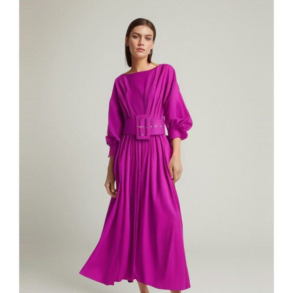 The Genevieve Long Sleeve Pleated Dress - Purple Hypersku 