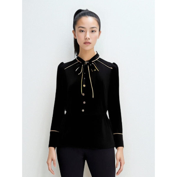 The Louise Velvet Bow Tie Blouse xiaoxiaozi Store 